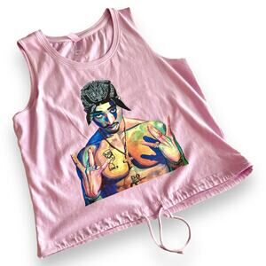 Tupac Shakur Drawstring Tank Top Medium Crop Pink Lavender Graffiti 2PAC